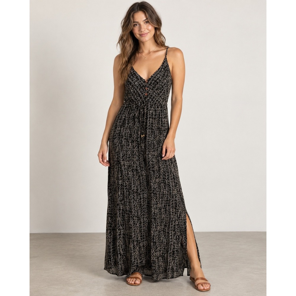 O'Neill Maxi Dress M Black White Dash Print Boho Adjustable Strap Beachy Summer